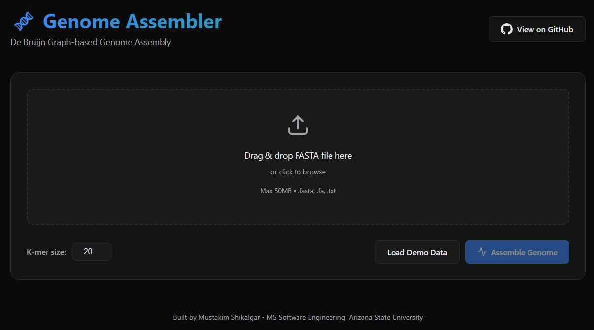 Genome Assembler, drag-and-drop landing with k-mer size and demo data button