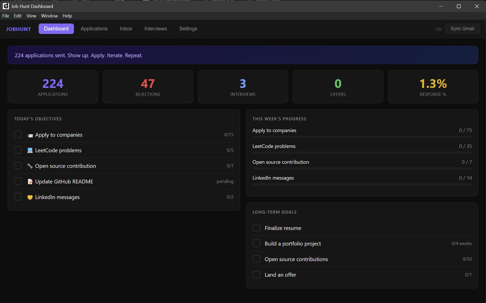 Job Hunt desktop app, Dashboard tab with stat cards, daily objectives, weekly progress, long-term goals