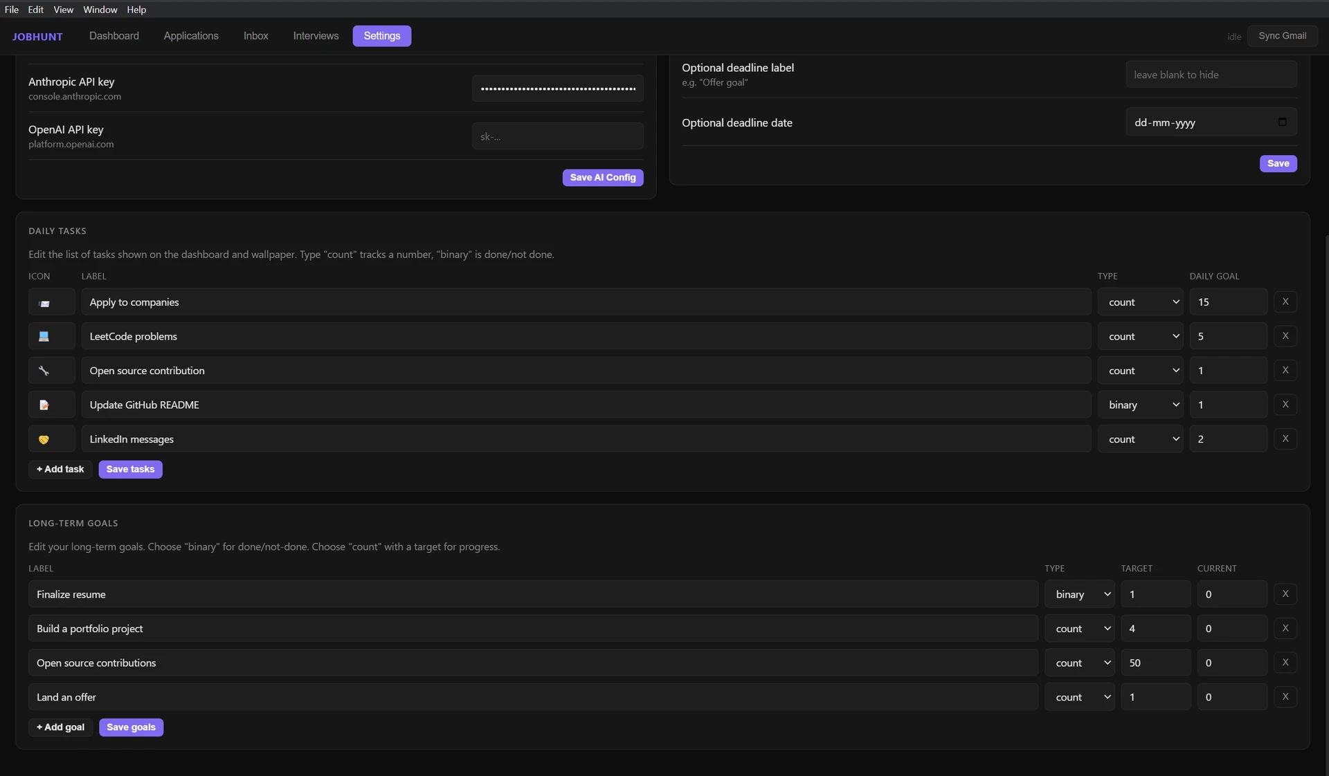 Settings, editable daily tasks (count/binary) and long-term goals