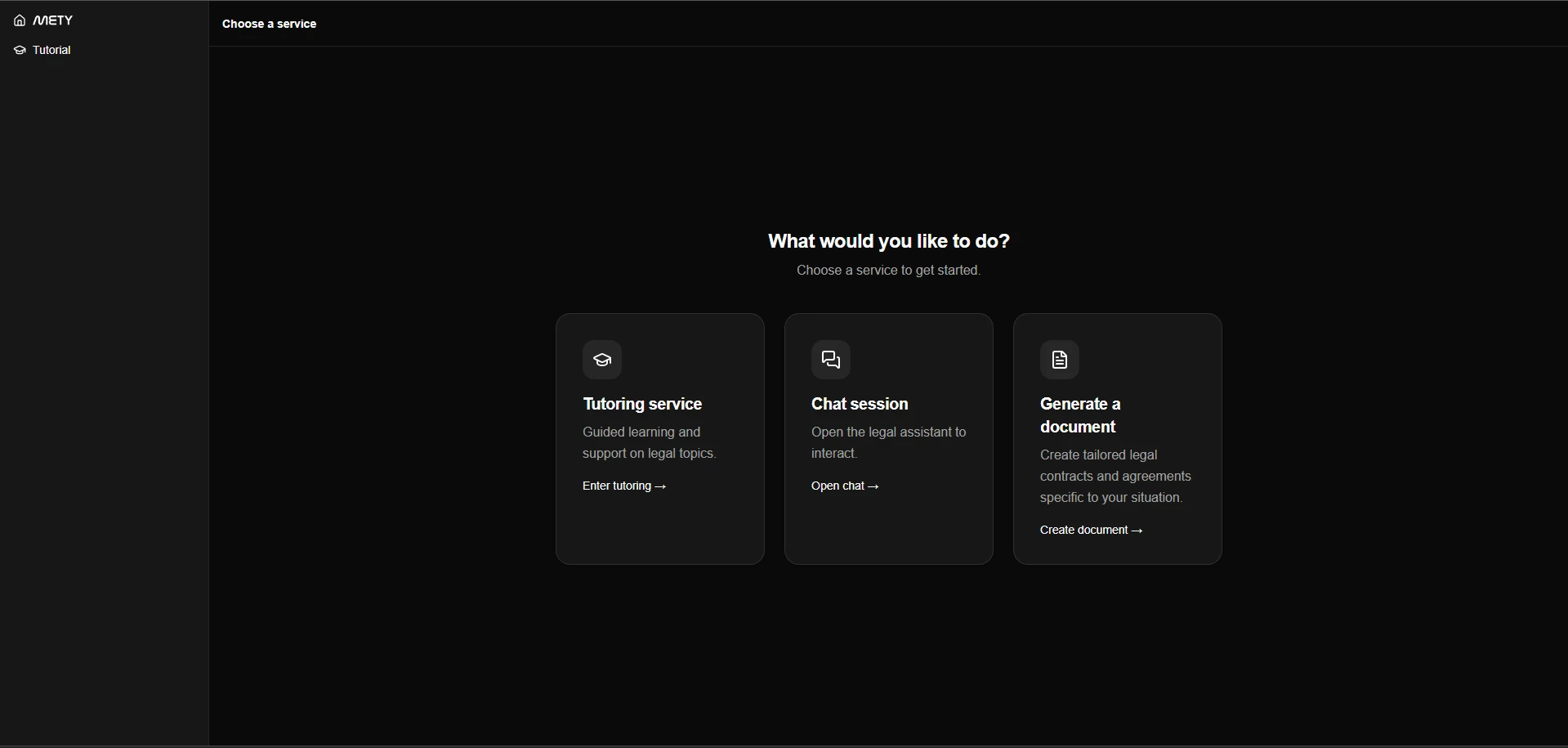 METY service hub, three modes: tutoring, chat session, generate document