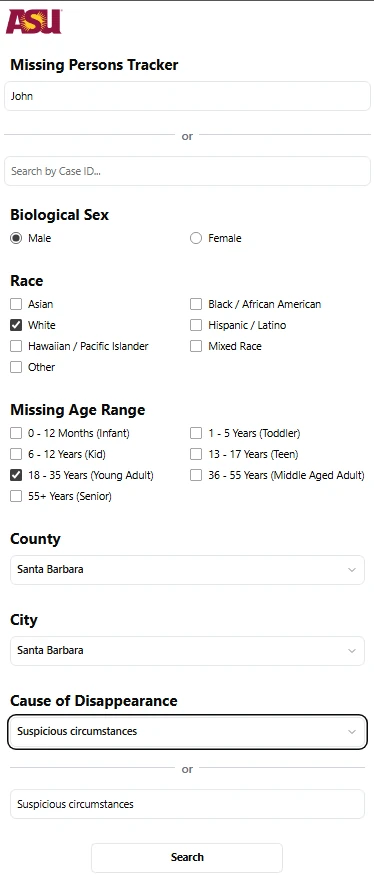Filter form, John, Male, White, 18-35, Santa Barbara, Suspicious circumstances